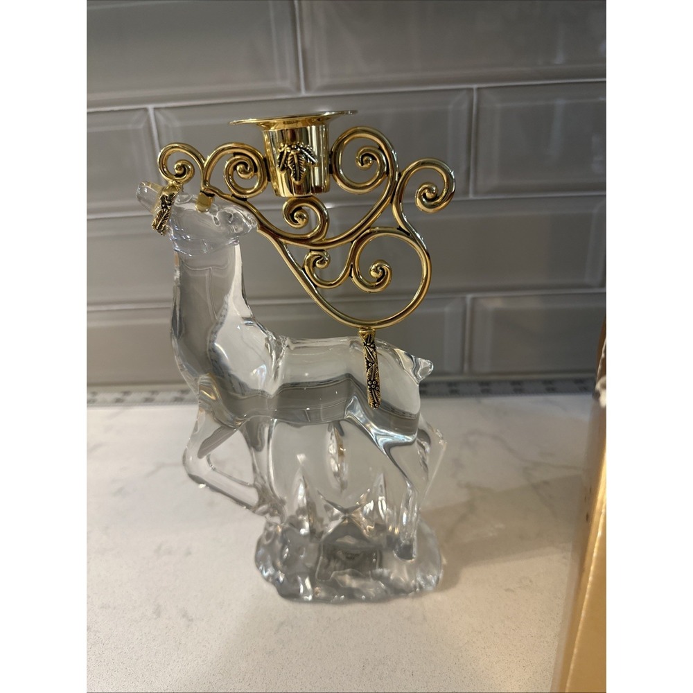 Gorham Vintage Reindeer Crystal Figure Candle holder Gold Centerpiece Christmas